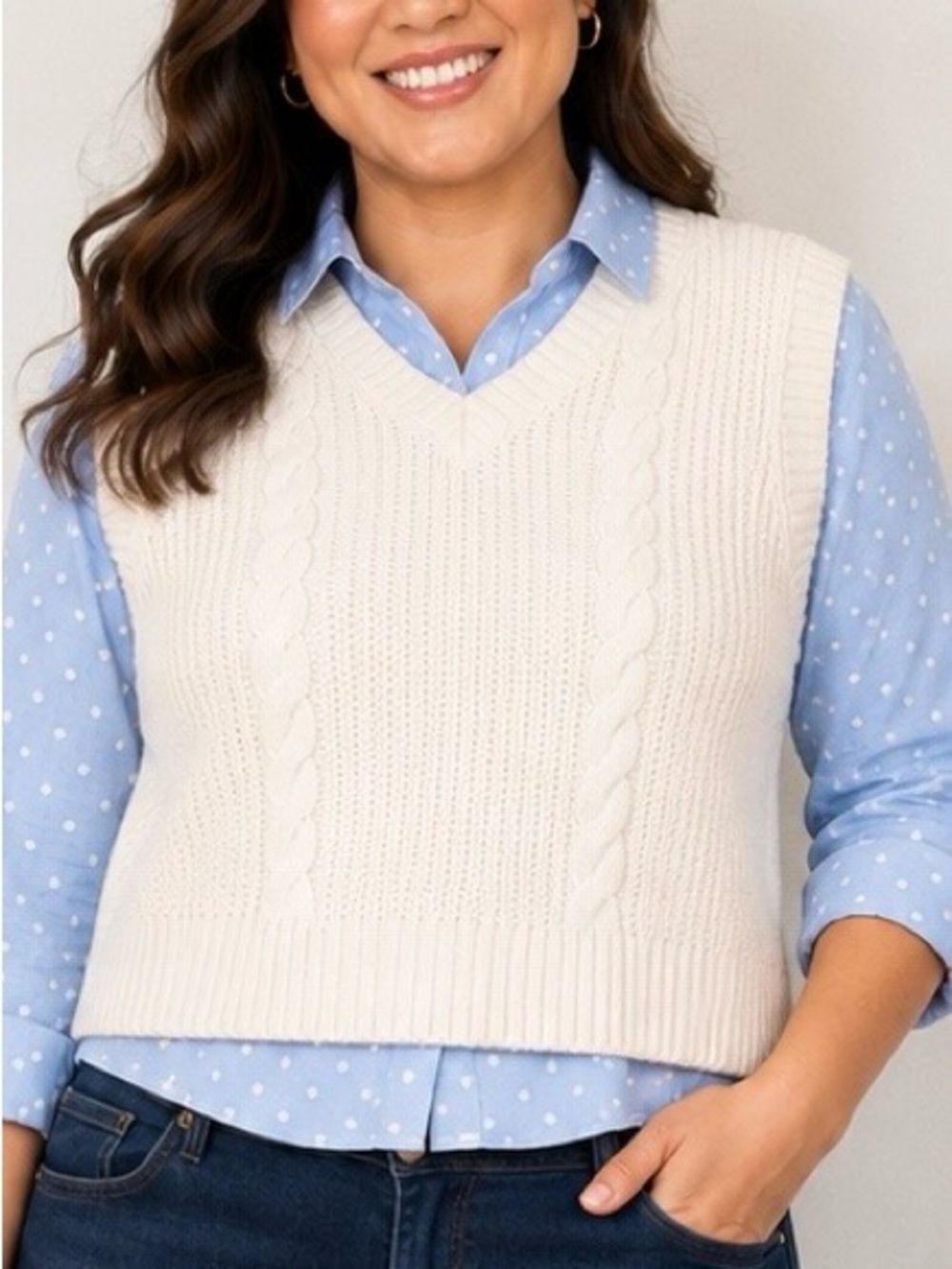 V-Neck Cable Knit Sweater Vest in Cream